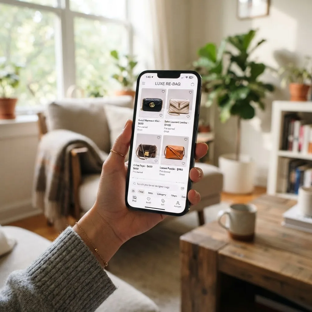 a hand holding a smartphone displaying an online marketplace for designer bags, cozy indoor setting with soft natural light, focus on