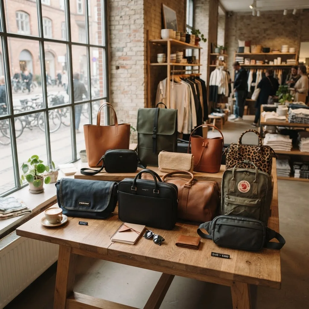 a variety of stylish affordable designer bags arranged neatly on a modern wooden table, natural daylight streaming, showcasing both men’s