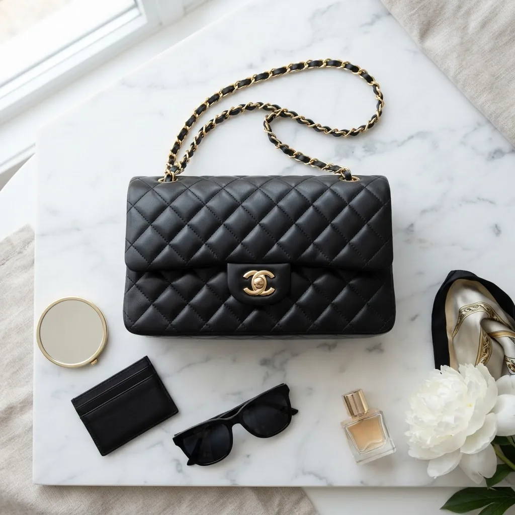 Elegant flat-lay of a classic flap-style handbag inspired by Chanel, on marble surface with soft, diffused lighting, showcasing quilted