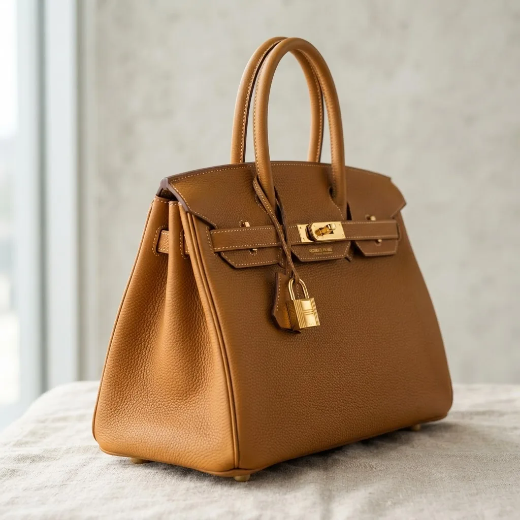 High-resolution close-up photo of a luxury handbag styled like a Birkin bag, displayed on a neutral background with soft natural lighting