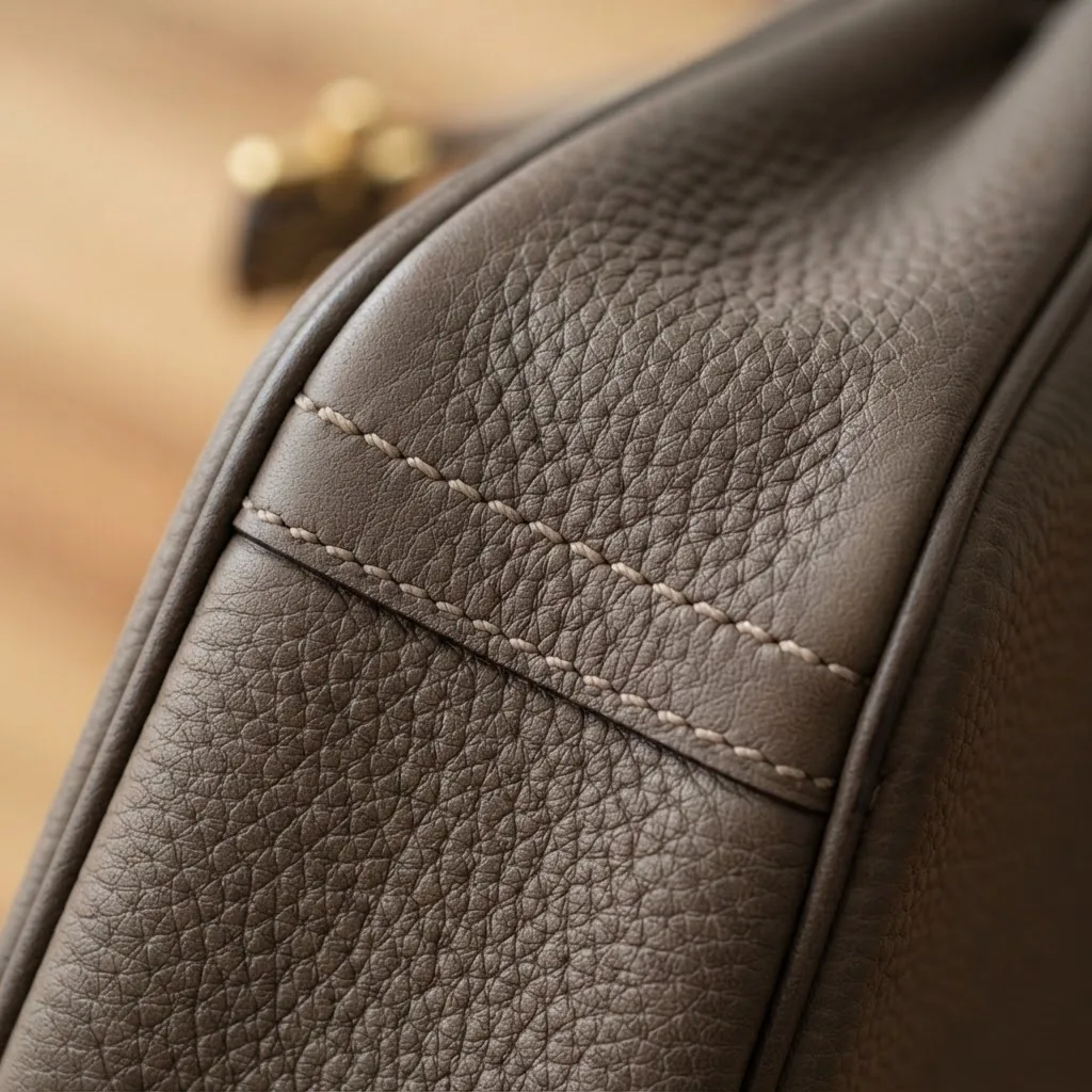 Close-up photo of a high-quality designer handbag leather texture under natural light, showing the grain and color consistency with sharp