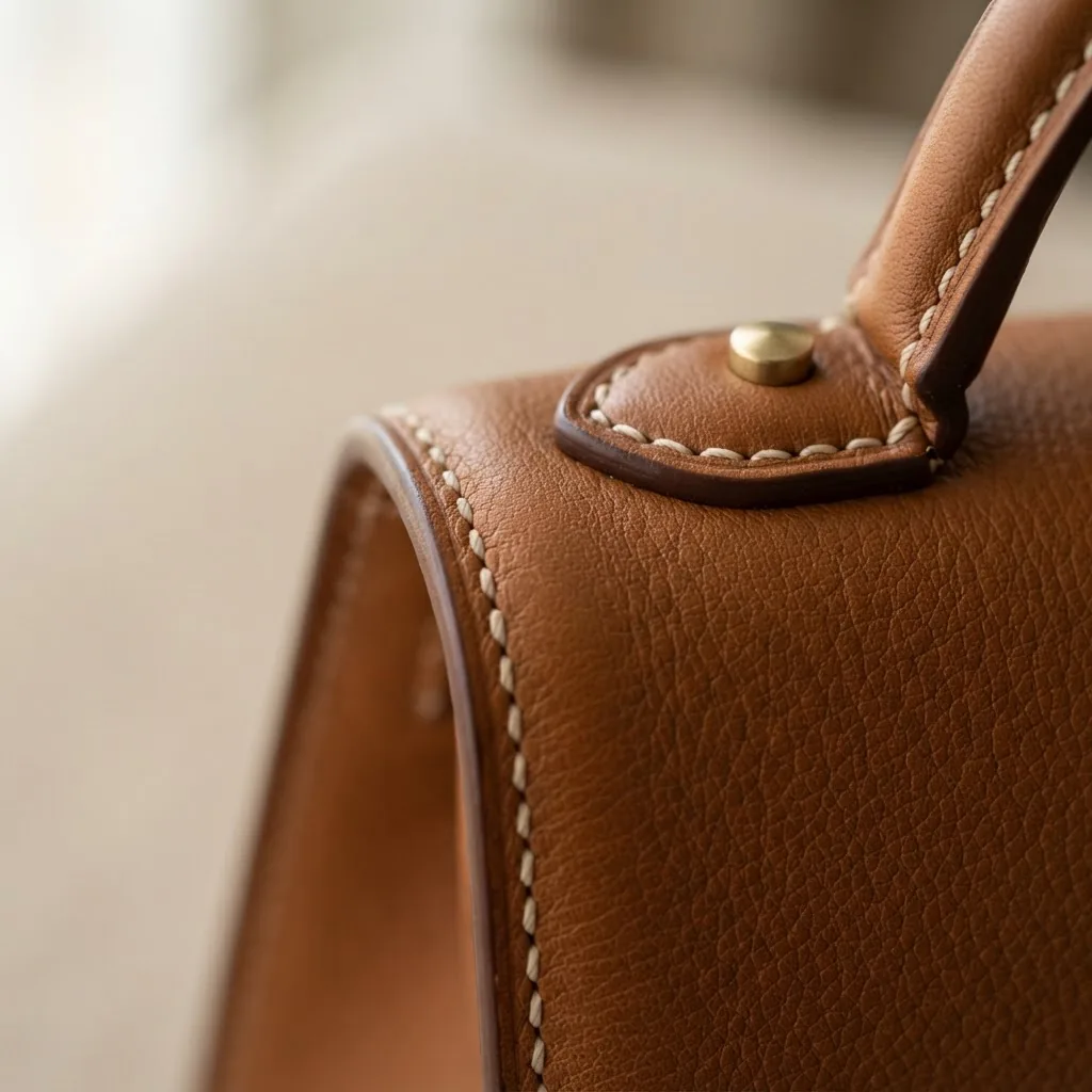 Macro shot of uniform, neat stitching on a premium designer handbag, emphasizing consistent thread spacing and clean edges in a well-lit,