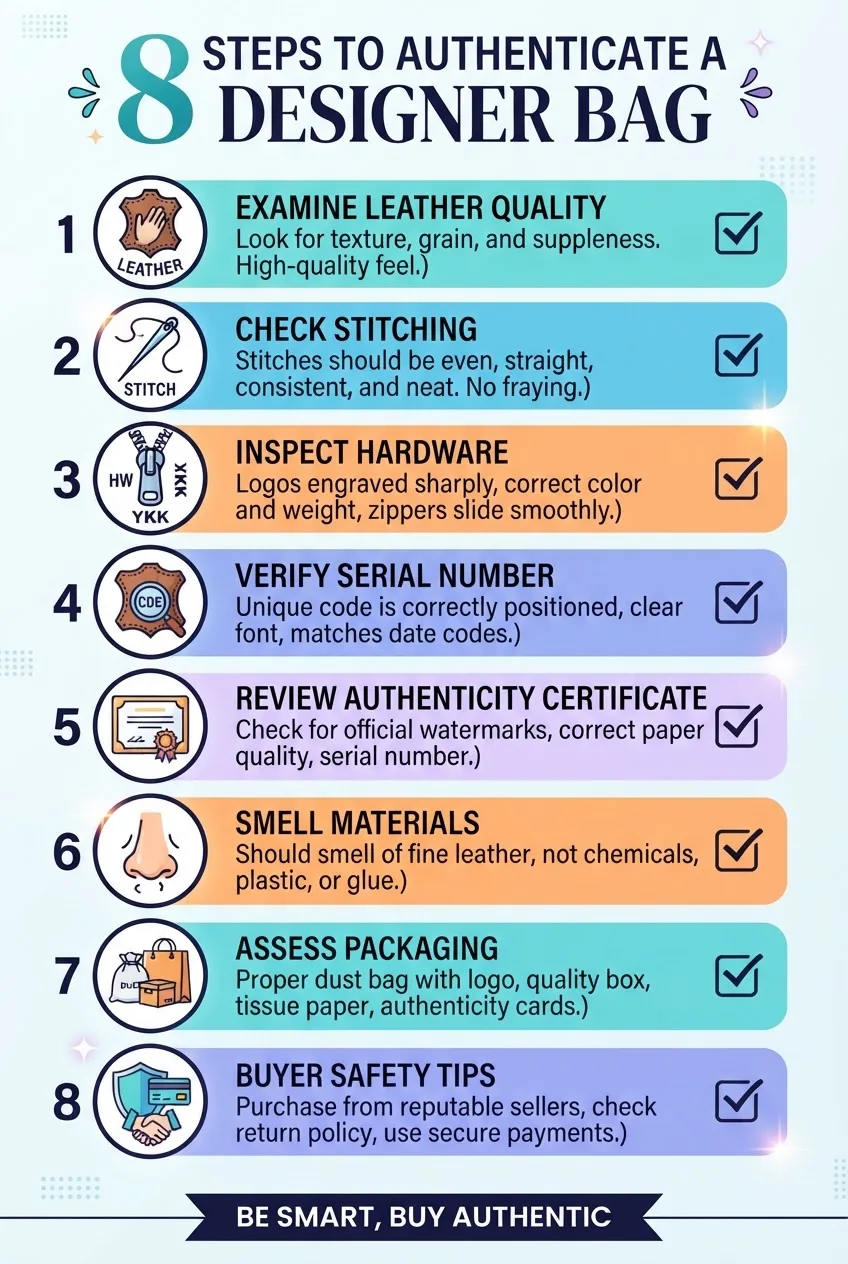 Infographic with a vertical checklist layout showing 8 key steps to authenticate a designer bag: examining leather, checking stitching,
