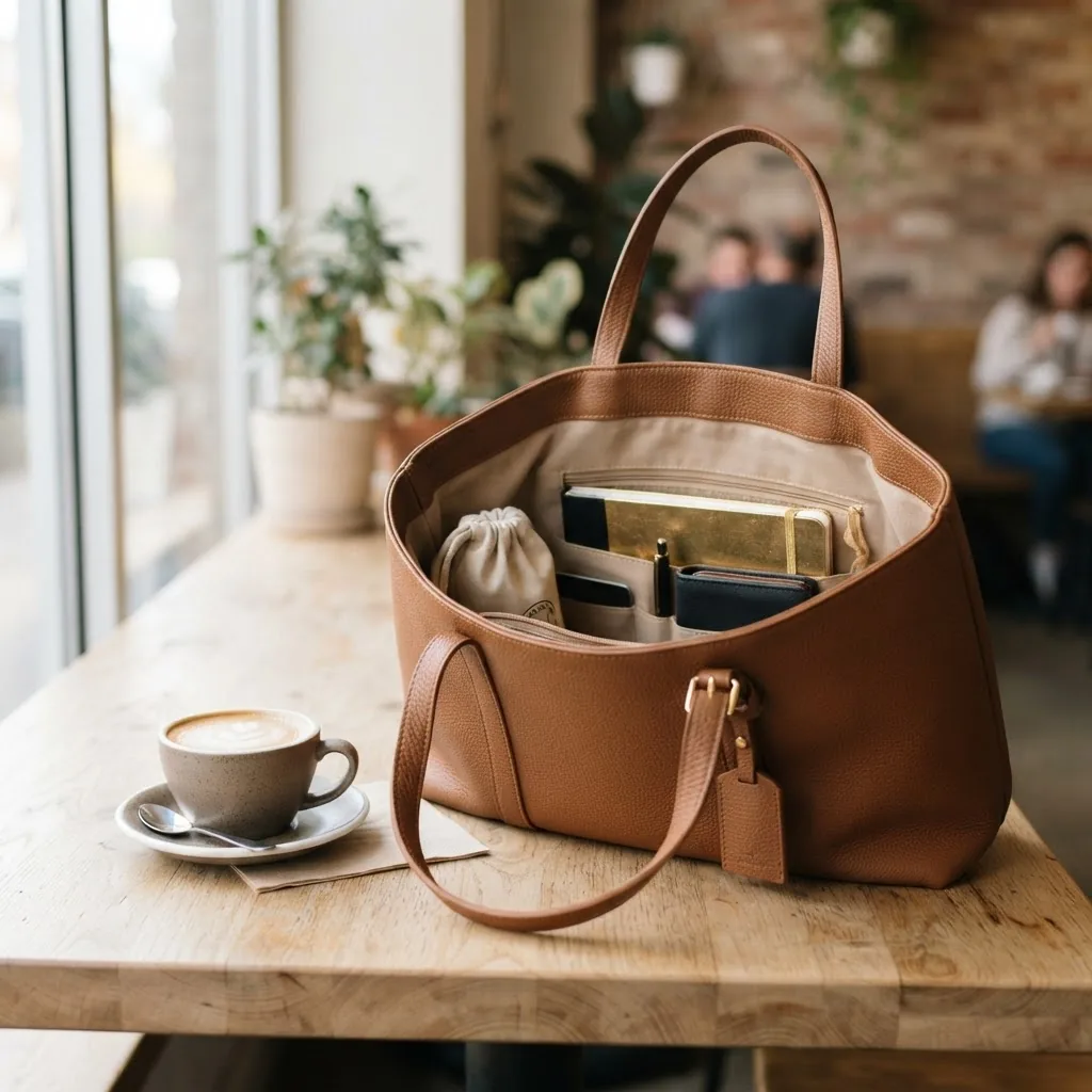 a fashionable copy tote bag placed on a café table with coffee cup nearby, soft natural indoor light, showing spacious interior and