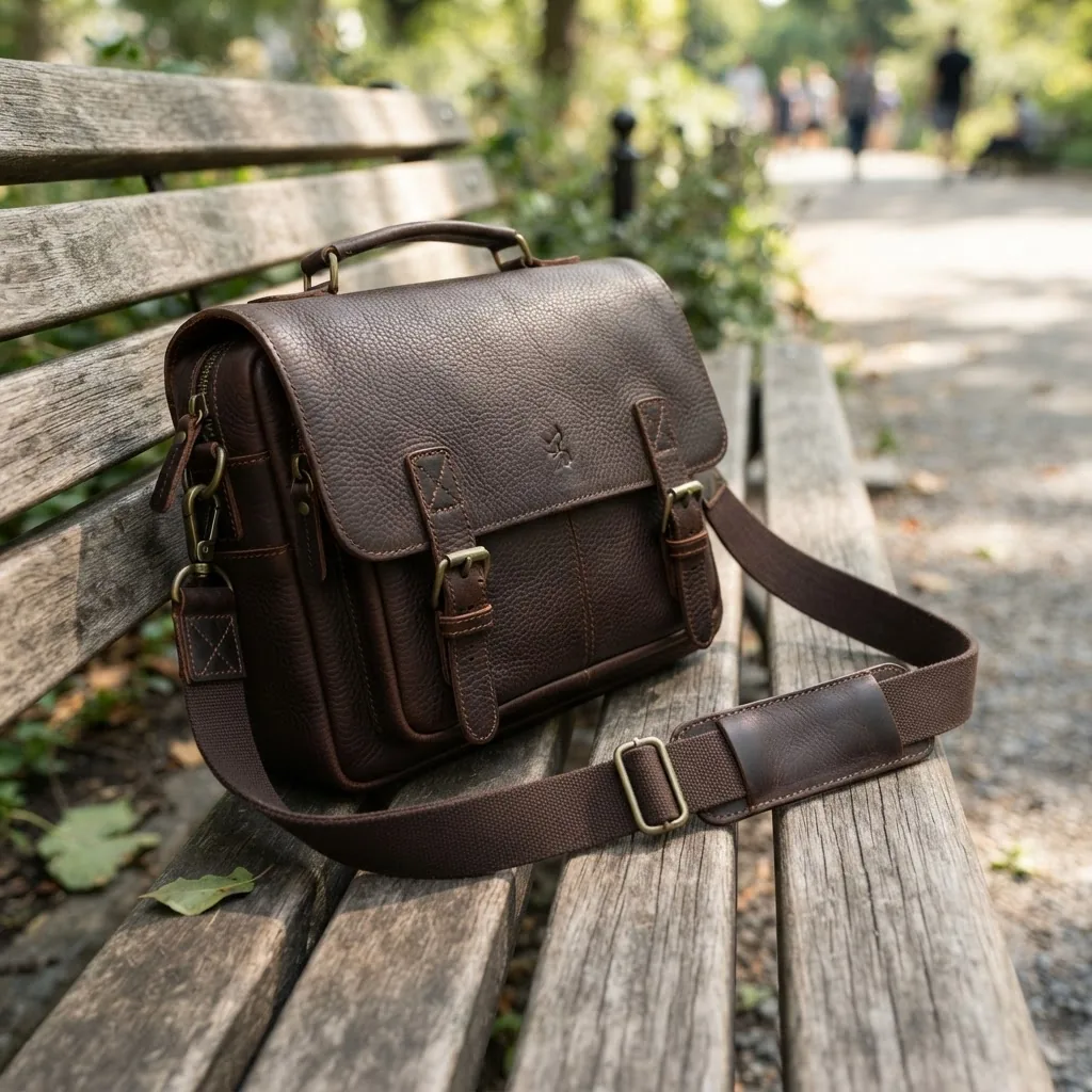 a stylish men’s copy crossbody bag on a wooden bench outdoors, natural daylight, modern casual setting with soft shadows, showing