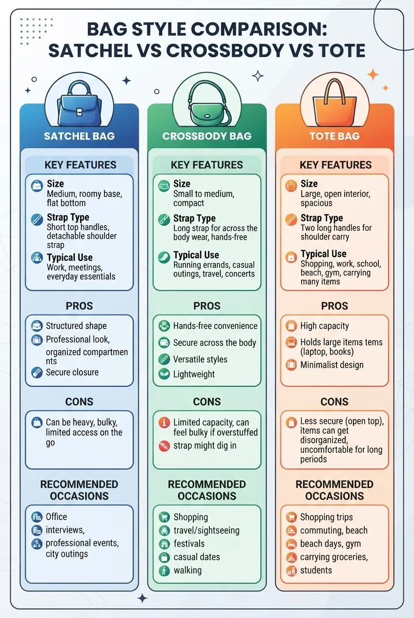 Infographic displaying a three-column comparison of copy satchel, crossbody, and tote bags: each column includes an icon of the bag shape,