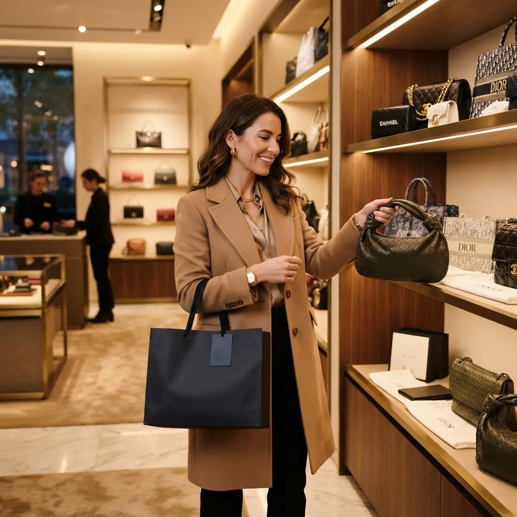 A stylish lifestyle photo of a well-dressed woman shopping in a high-end boutique with visible luxury handbags on display, warm lighting,