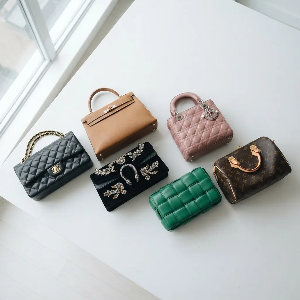 A clean, elegant photograph of an arrangement of iconic luxury handbags from classic styles arranged on a minimalist white surface, shot