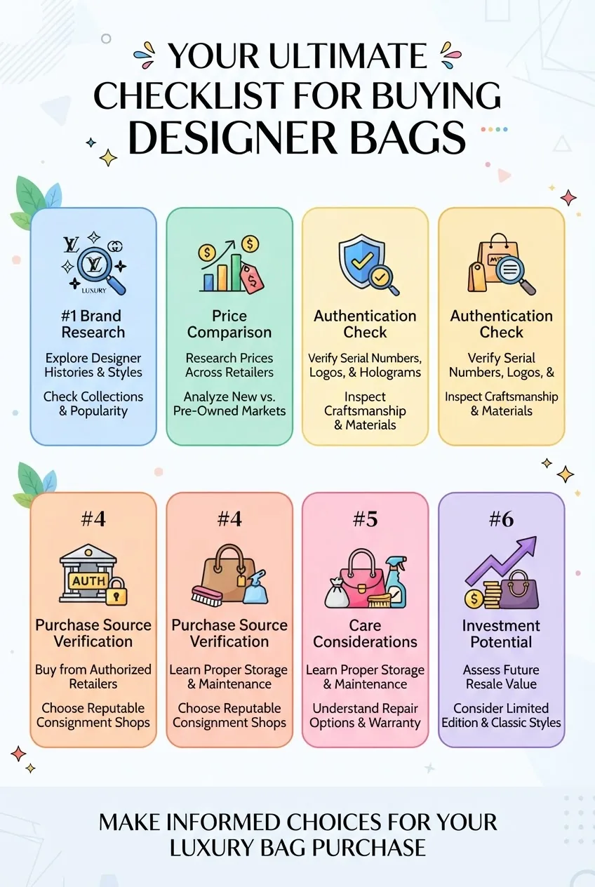 Infographic with a clean, modern infographic that shows a step-by-step checklist for buying designer bags, including icons and short