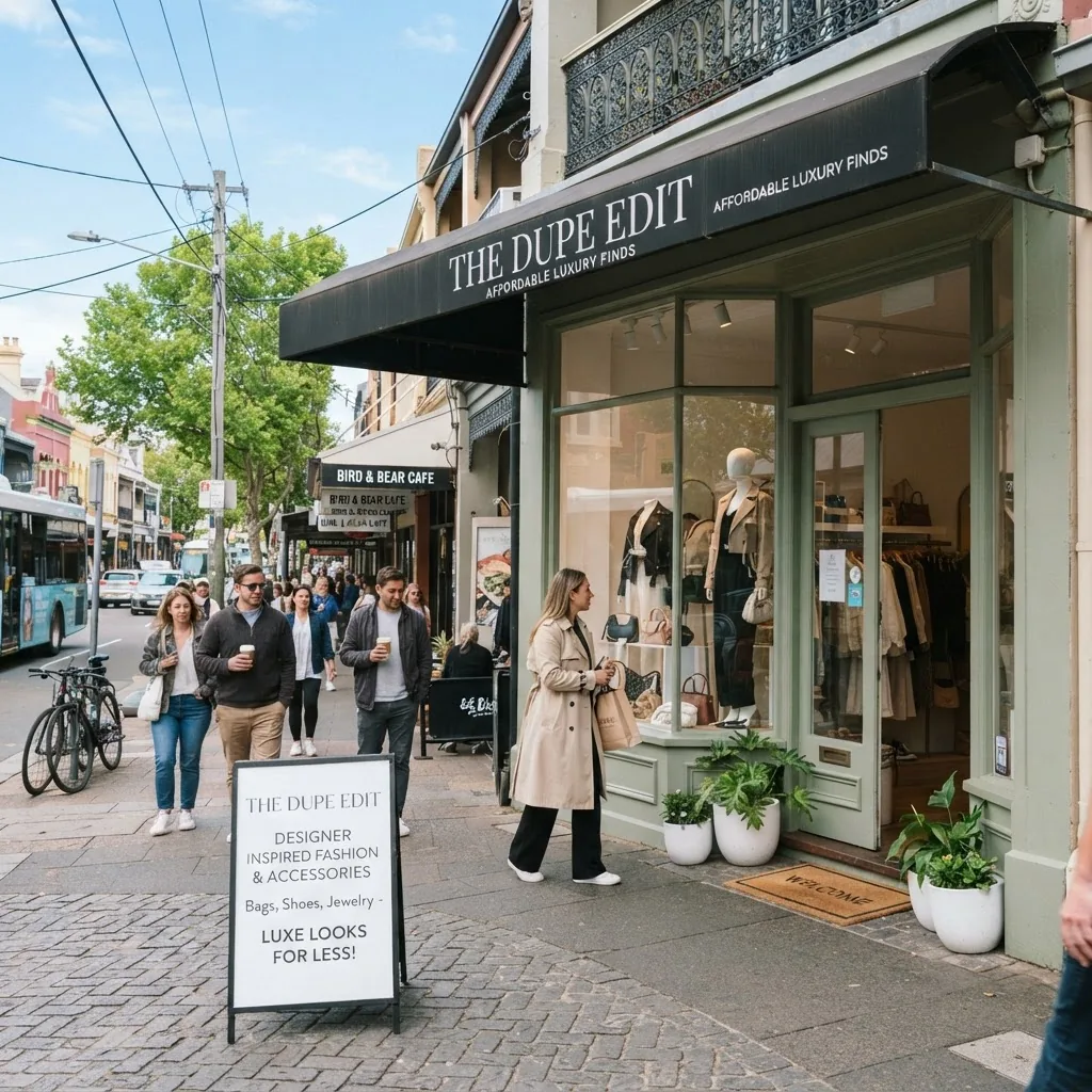 A bright, natural photo of a stylish Australian boutique storefront with signage suggesting affordable luxury dupes inside, set on a
