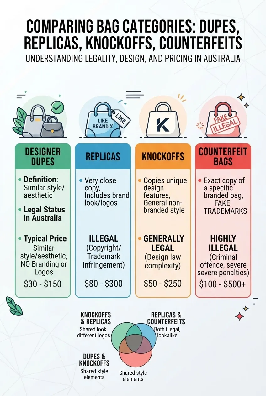 comparing four categories: Designer Dupes, Replicas, Knockoffs, Counterfeit Bags. Each category in a distinct column with an icon, 2-3