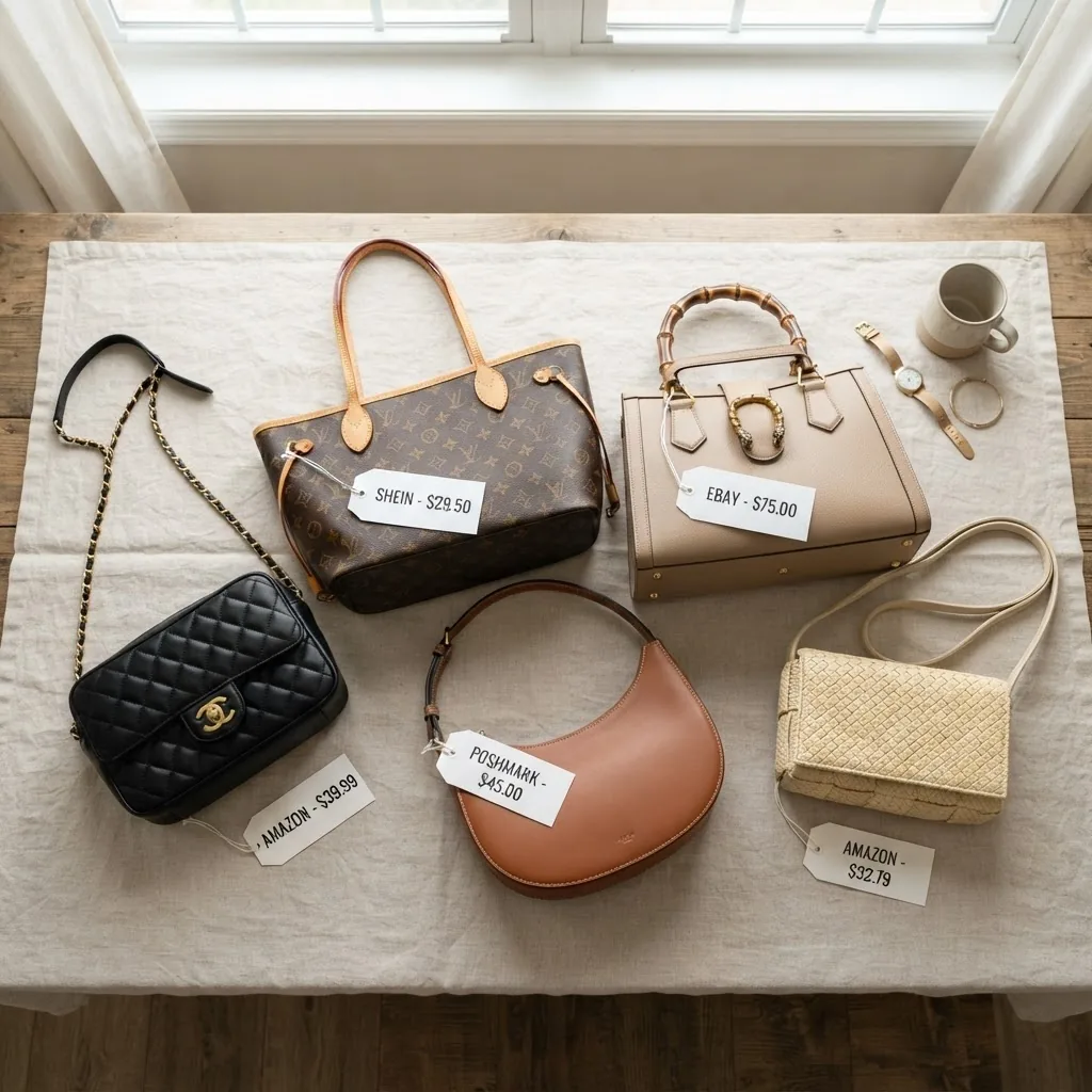 multiple designer-inspired handbags from different platforms (Amazon, Shein, eBay, Poshmark) arranged neatly with price tags visible,