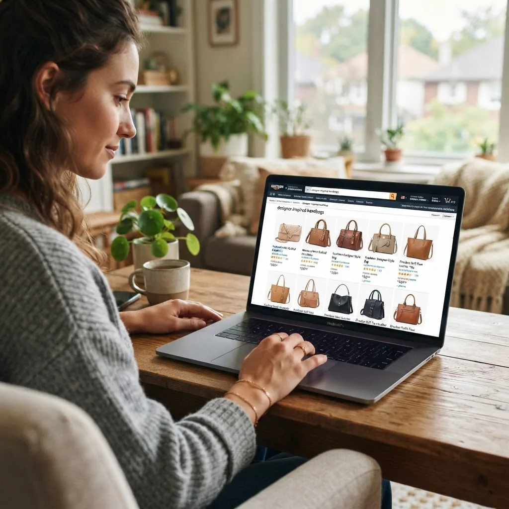 a close-up of a modern woman browsing designer-inspired handbags on a laptop showing Amazon’s website, natural daylight, cozy home setting,