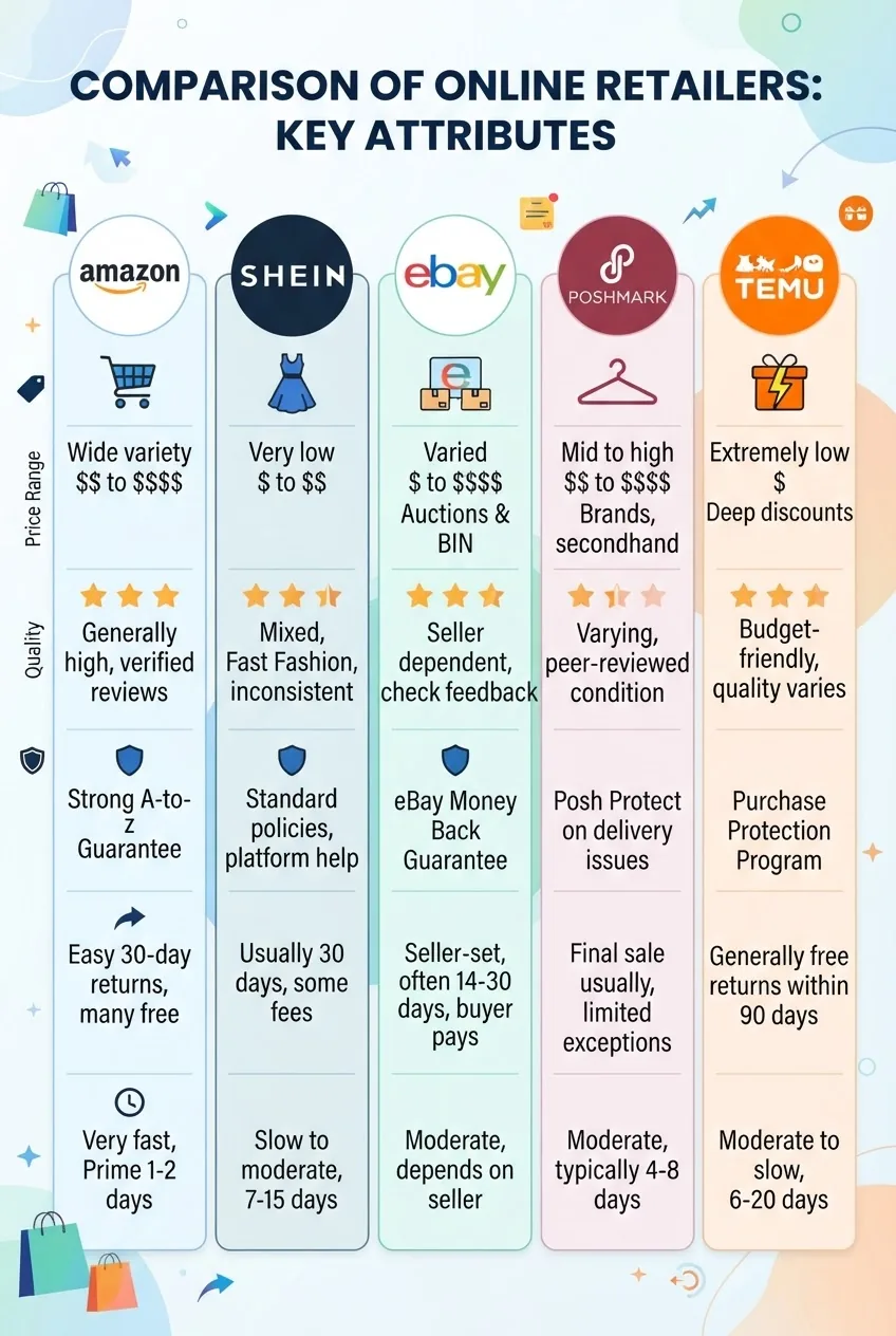 is a three-column comparison infographic with icons for Amazon, Shein, eBay, Poshmark and Temu showing key attributes: price ranges,
