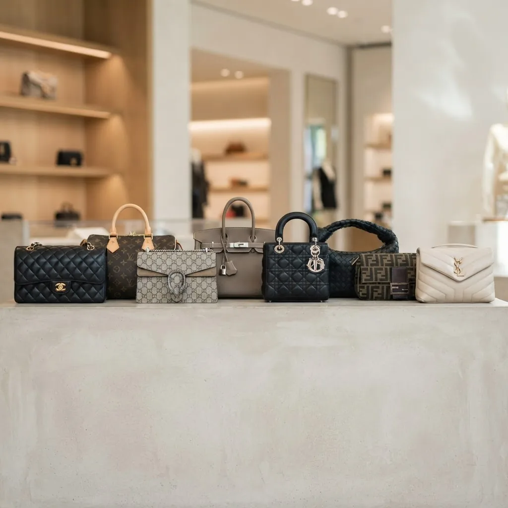 featuring an array of iconic handbags arranged side-by-side from top designer brands with different textures, colors, and signature logos