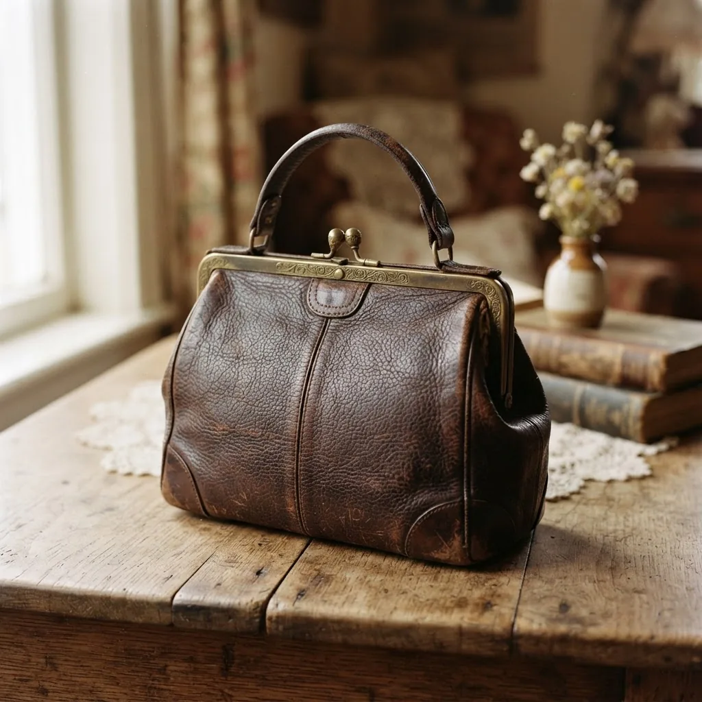 a classic early 20th-century handbag displayed on a wooden table with soft natural lighting, showcasing the leather texture and