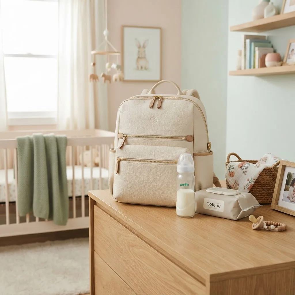 featuring a designer-inspired diaper bag next to baby essentials (bottle, wipes), set in a softly lit nursery with pastel tones, from eye