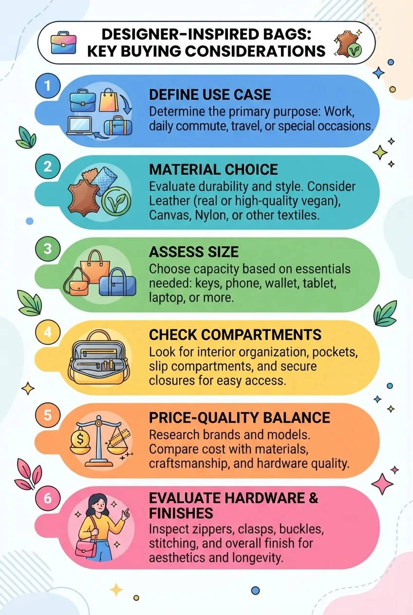 illustrating key buying considerations for designer-inspired bags including use case, material choice, size, compartments, price-quality