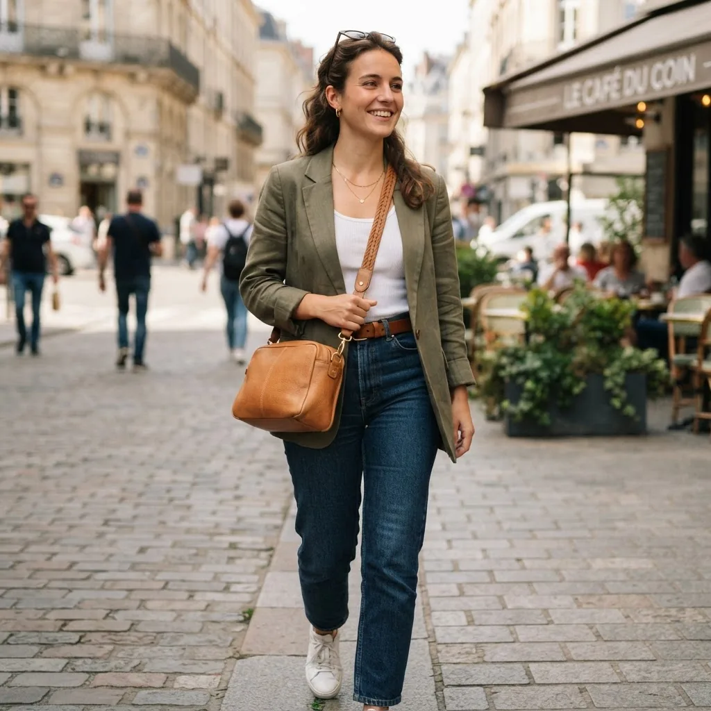 stylish woman carrying a tan leather crossbody bag in an urban outdoor setting, natural daylight, medium close-up angle, casual elegant mood
