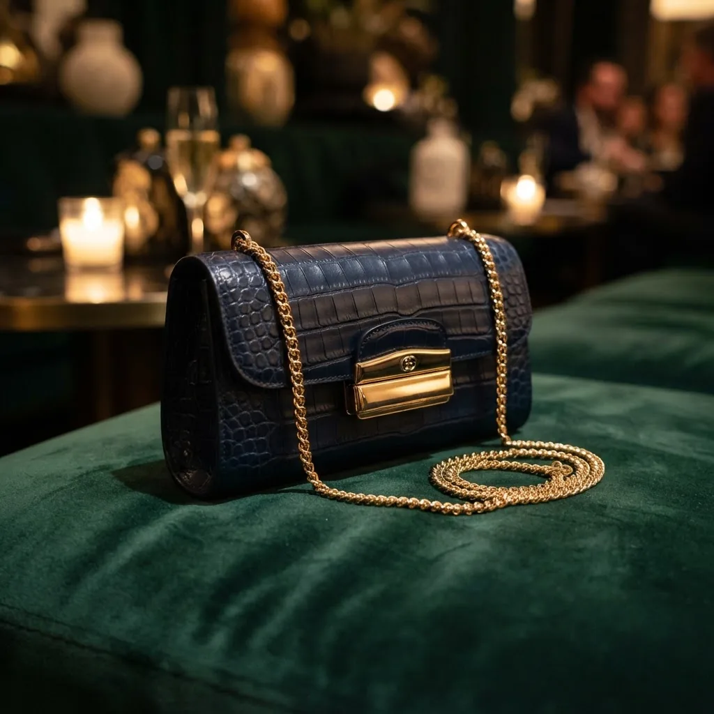 chic clutch bag with gold hardware resting on a velvet surface under soft, warm evening lighting, elegant and luxurious mood