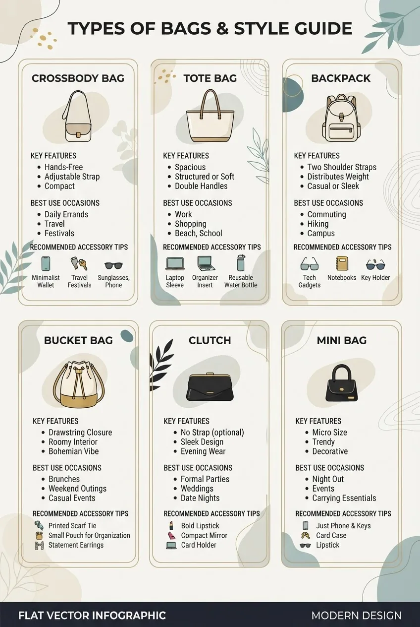 An infographic divided into six sections representing crossbody, tote, backpack, bucket, clutch, and mini bags; each section includes an
