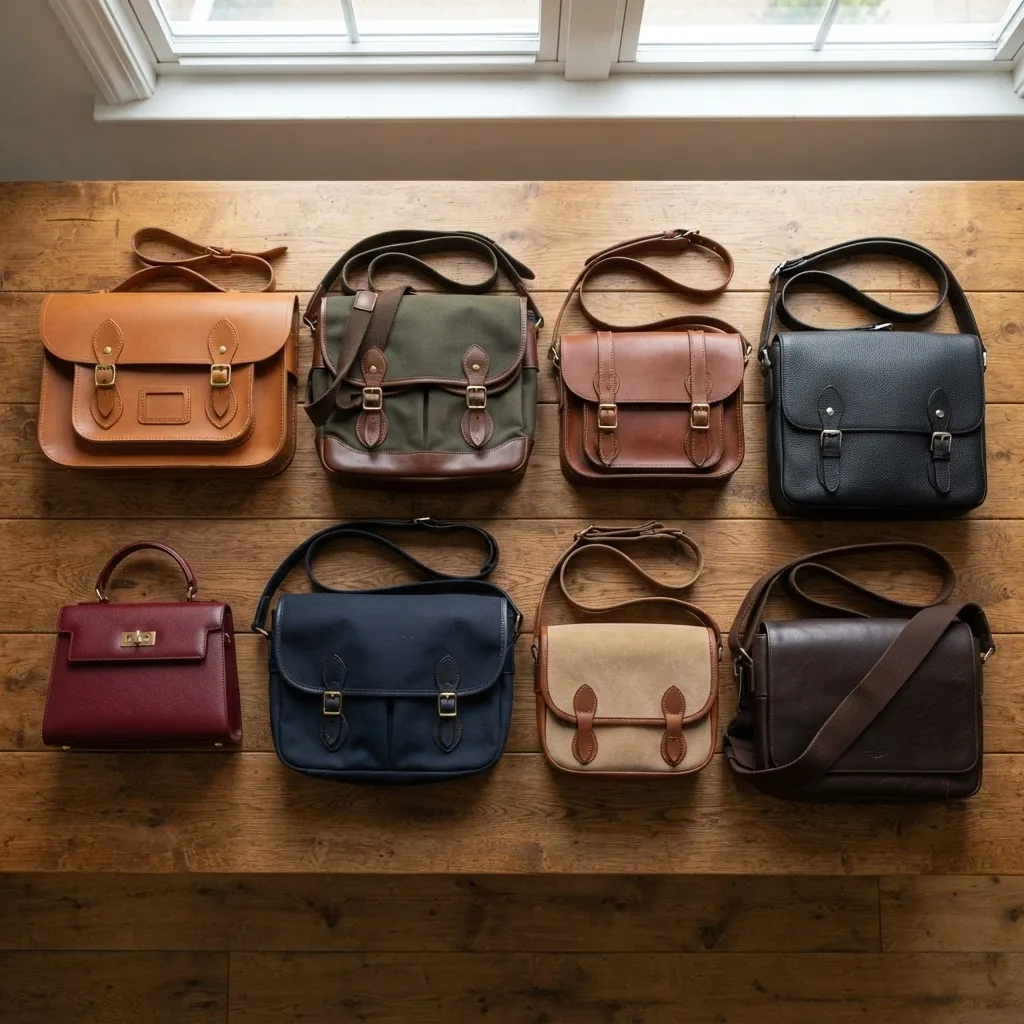 A flat lay image of several stylish replica satchel and messenger bags in various colors and shapes arranged neatly on a wooden surface