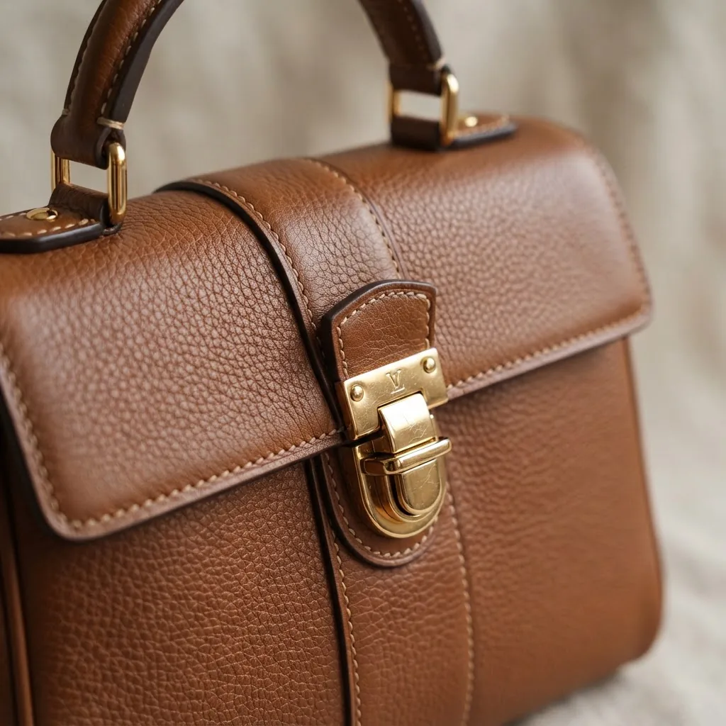 Close-up, well-lit image showcasing a luxury replica satchel bag’s detailed leather texture, high-quality metal hardware, precise stitching