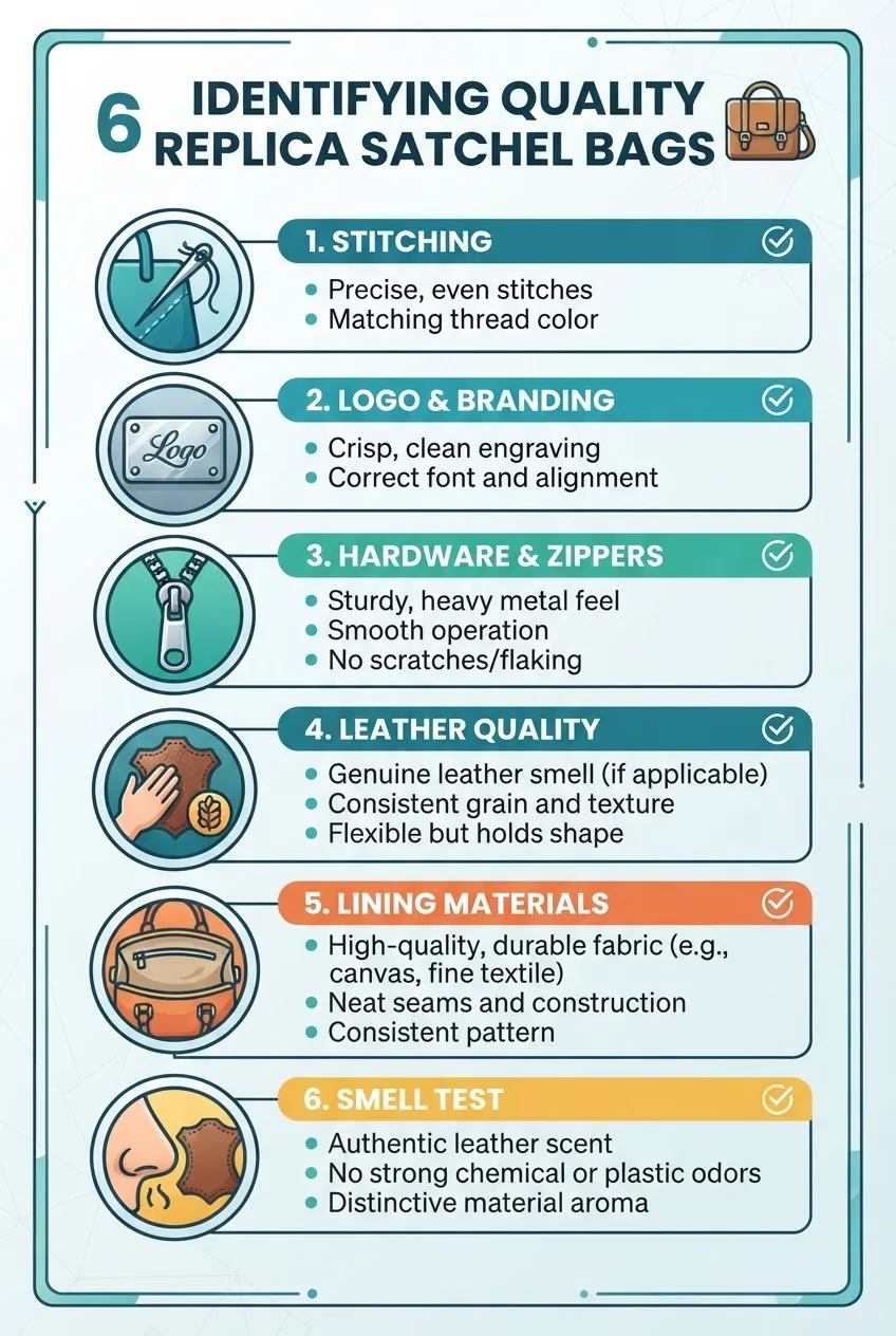 An infographic with a vertical checklist layout showing 6 steps to identify quality replica satchel bags including icons for stitching,
