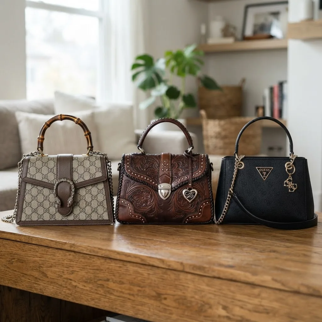 Clear, well-lit image showing three handbags arranged side by side representing Gucci, Brighton, and Guess styles, with distinct brand