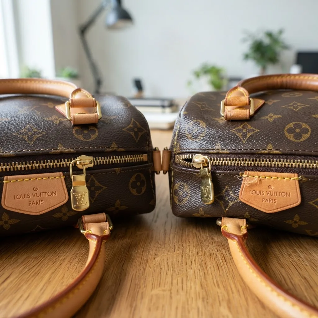 Close-up photo of two handbags side-by-side on a desktop, one authentic and one fake, focusing on visible stitching, logo embossing, metal