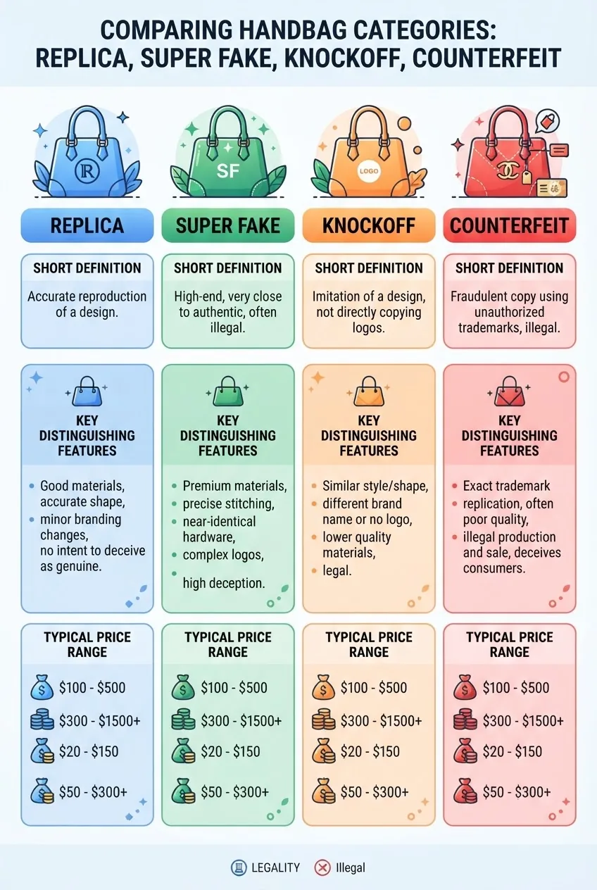 A clean infographic comparing “Replica,” “Super Fake,” “Knockoff,” and “Counterfeit” handbags in a four-column layout, each with an icon,