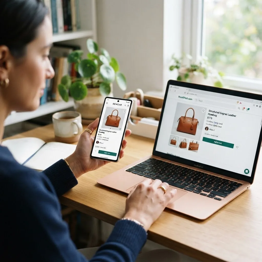 a person using a smartphone and laptop side-by-side, browsing a listing of a handbag on a resale platform interface (generic, no brand name