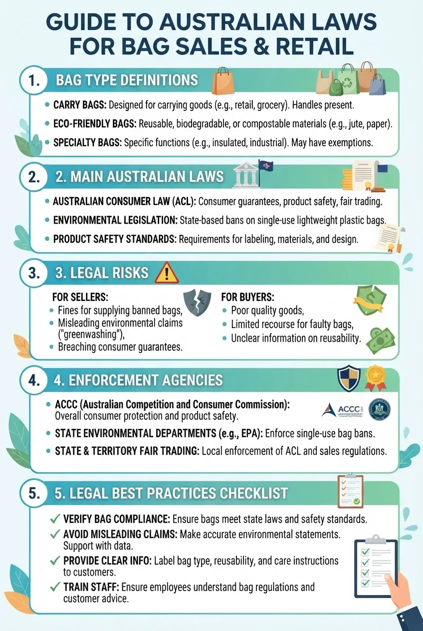 is a vertical infographic divided into five sections: 1) definitions of bag types, 2) main Australian laws affecting sales, 3) legal risks