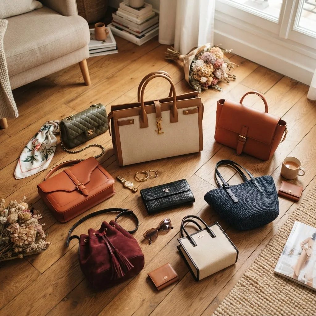 Stylish flat-lay of an assortment of fashionable designer-style tote bags and purses in a cozy indoor setting, showcasing different colors
