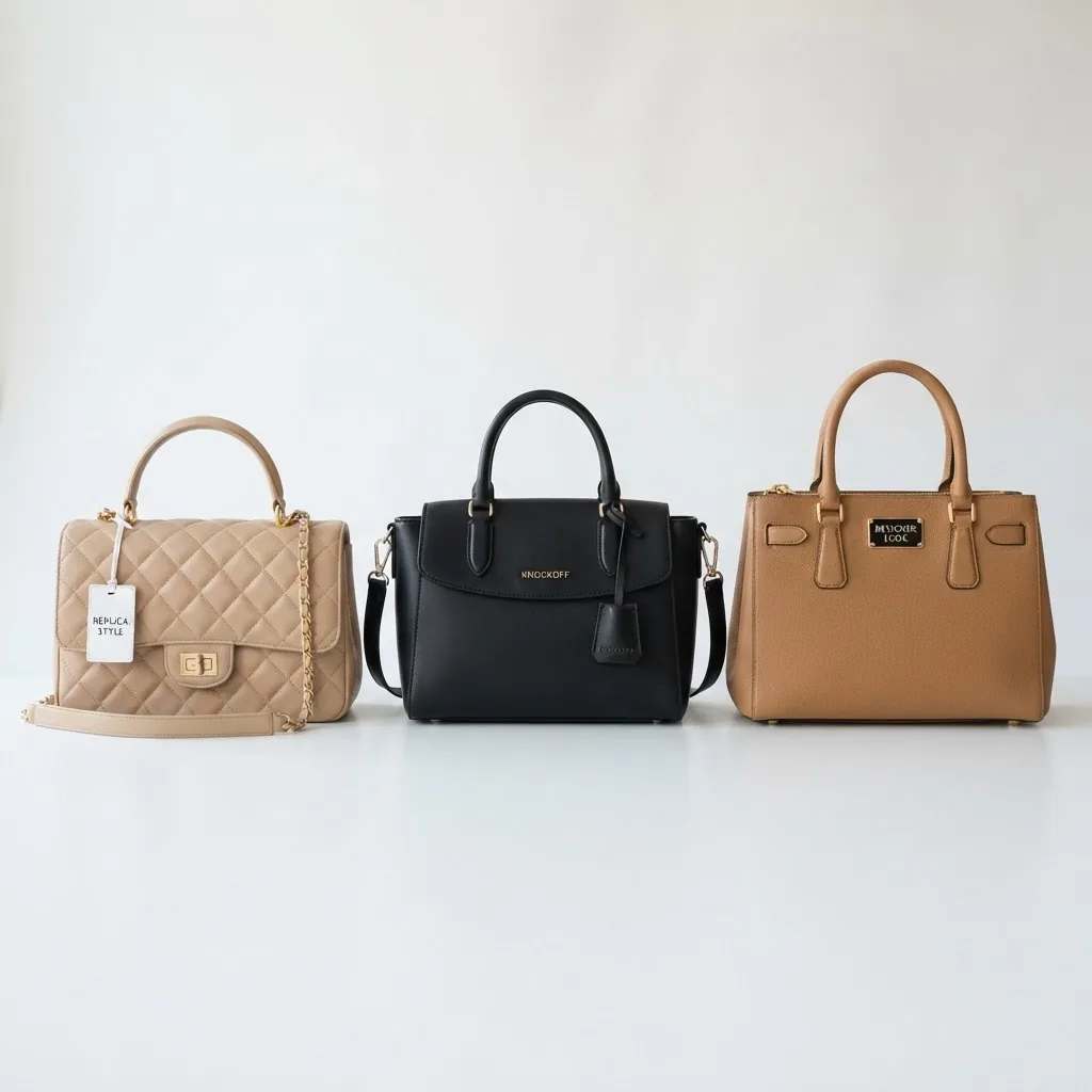 Close-up studio shot of three distinct handbags: one clearly labeled "replica style," one subtly marked "knockoff," and one generic