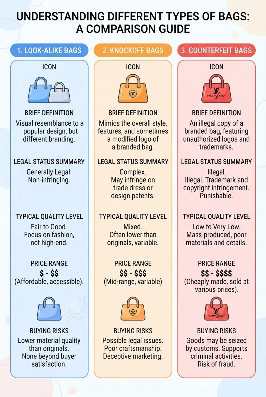 A clear infographic structured as a three-column comparison chart, each column titled: Look-Alike Bags, Knockoff Bags, Counterfeit Bags.