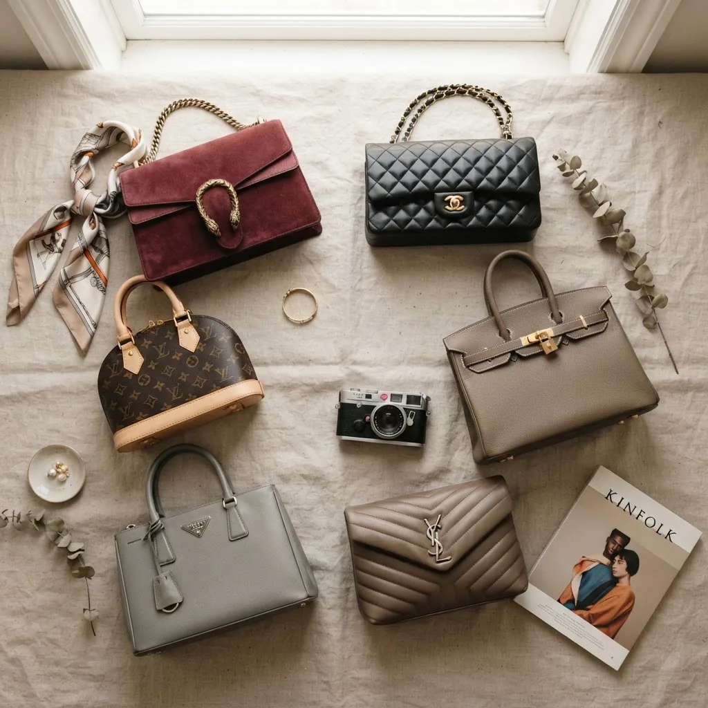 Artistic flat lay of six luxury handbags representing different brands (Gucci, Louis Vuitton, Chanel, Prada, YSL, Hermès), arranged on