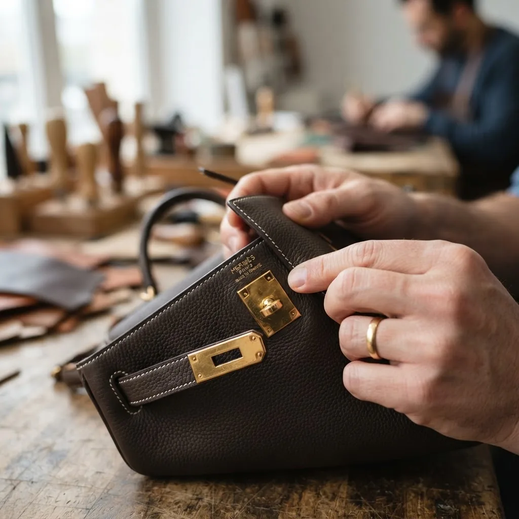Close-up photo of hands inspecting a luxury handbag with focus on stitching, logo hardware, and material texture, taken in natural