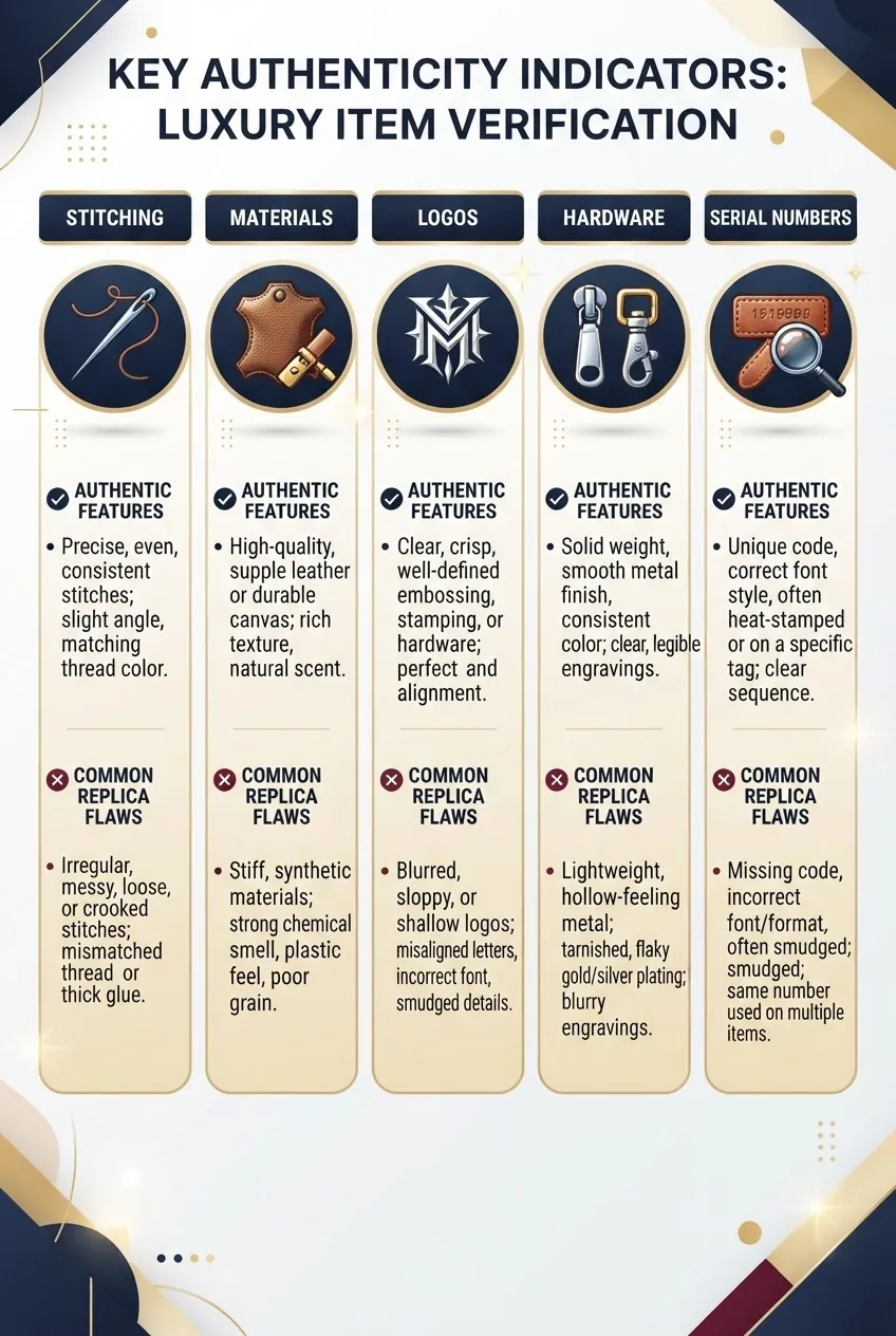 Infographic with five columns showing key authenticity indicators: Stitching, Materials, Logos, Hardware, Serial Numbers; each column