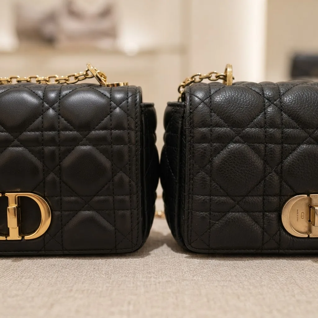 Close-up photo comparison of a genuine designer mini clutch bag and a replica version side by side, showing details like stitching,
