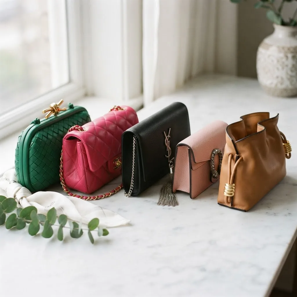A high-quality photo of various luxury mini clutch bags arranged elegantly on a white surface with soft natural light highlighting fine
