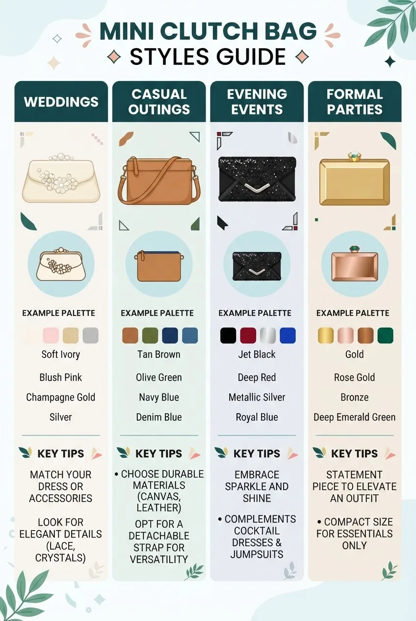 Infographic with four vertical columns illustrating mini clutch bag styles suitable for weddings, casual outings, evening events, and