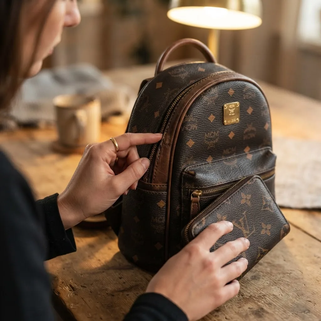 Close-up shot of hands examining a replica designer backpack and wallet, focusing on stitching, logo placement, and material texture under