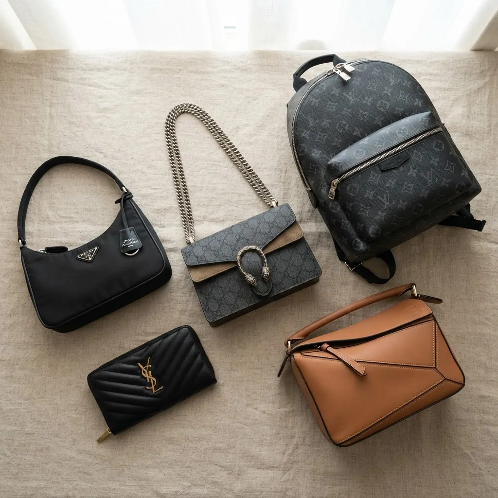 A neatly arranged flat lay of a variety of replica bags including a backpack, a wallet, and a messenger bag on a neutral surface with soft