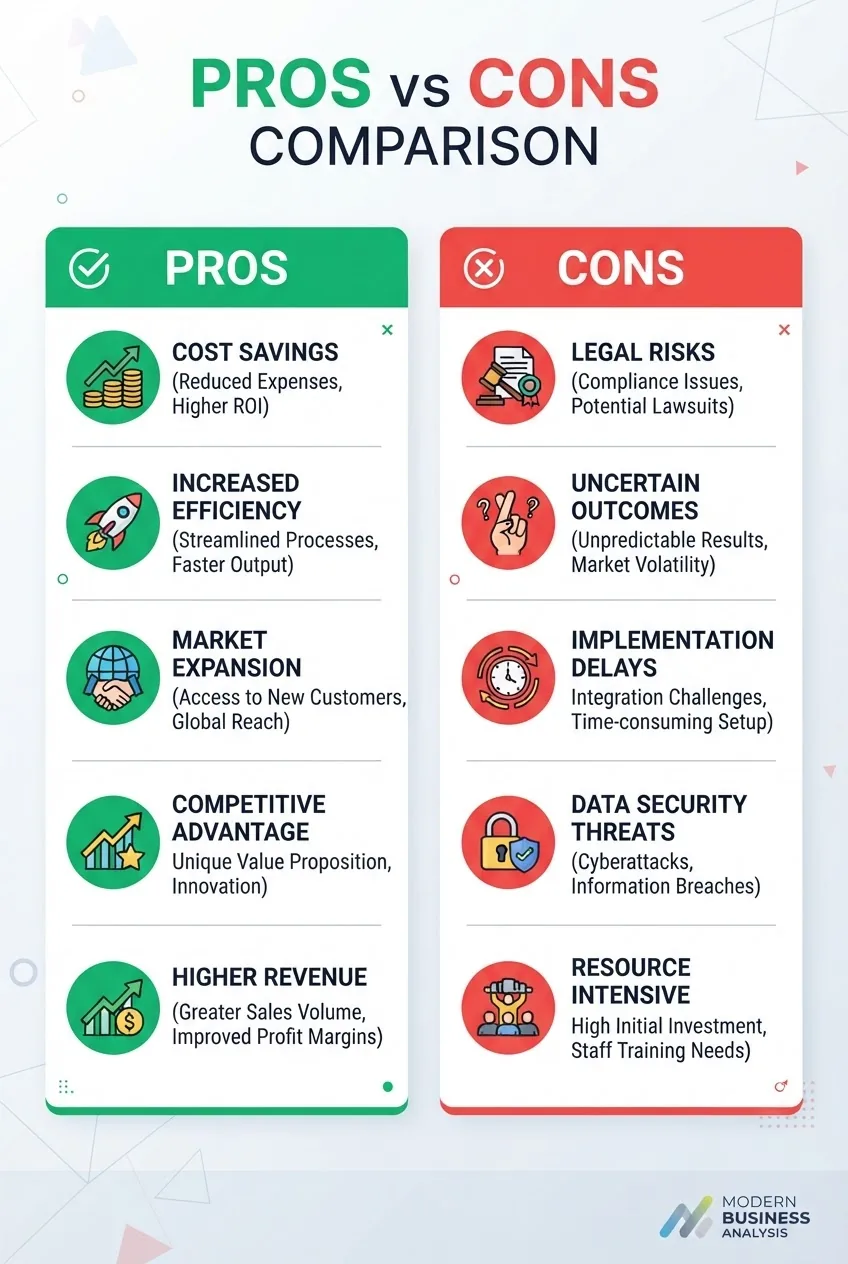 A clean infographic with two columns labeled 'Pros' and 'Cons', each containing 5 bullet points, supported by icons, showing advantages
