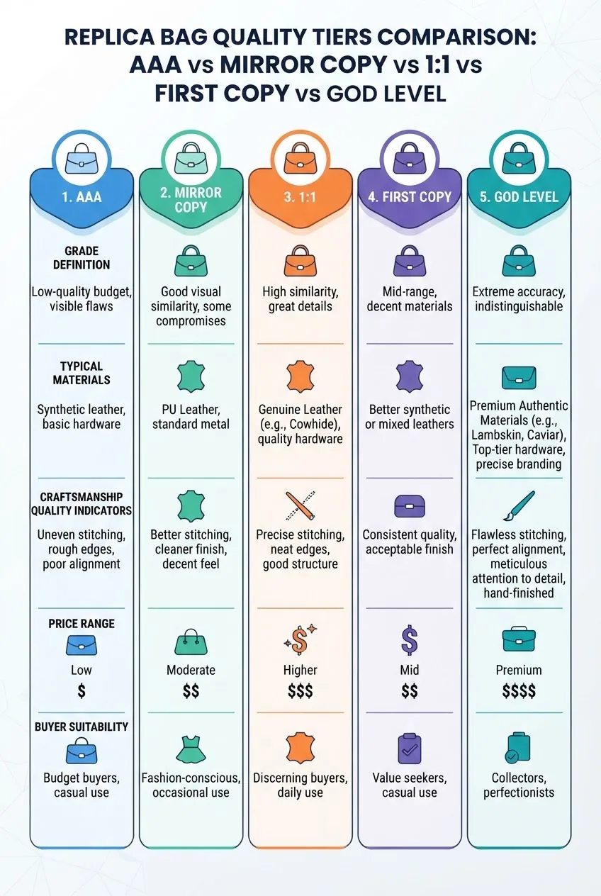 is a horizontal infographic with five columns comparing AAA, Mirror Copy, 1:1, First Copy, and God Level replica bags. Each column includes