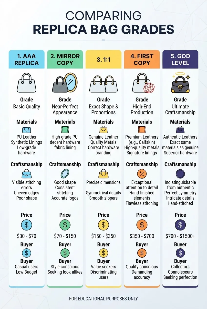 A horizontal infographic with five columns comparing AAA, Mirror Copy, 1:1, First Copy, and God Level replica bags. Each column includes a