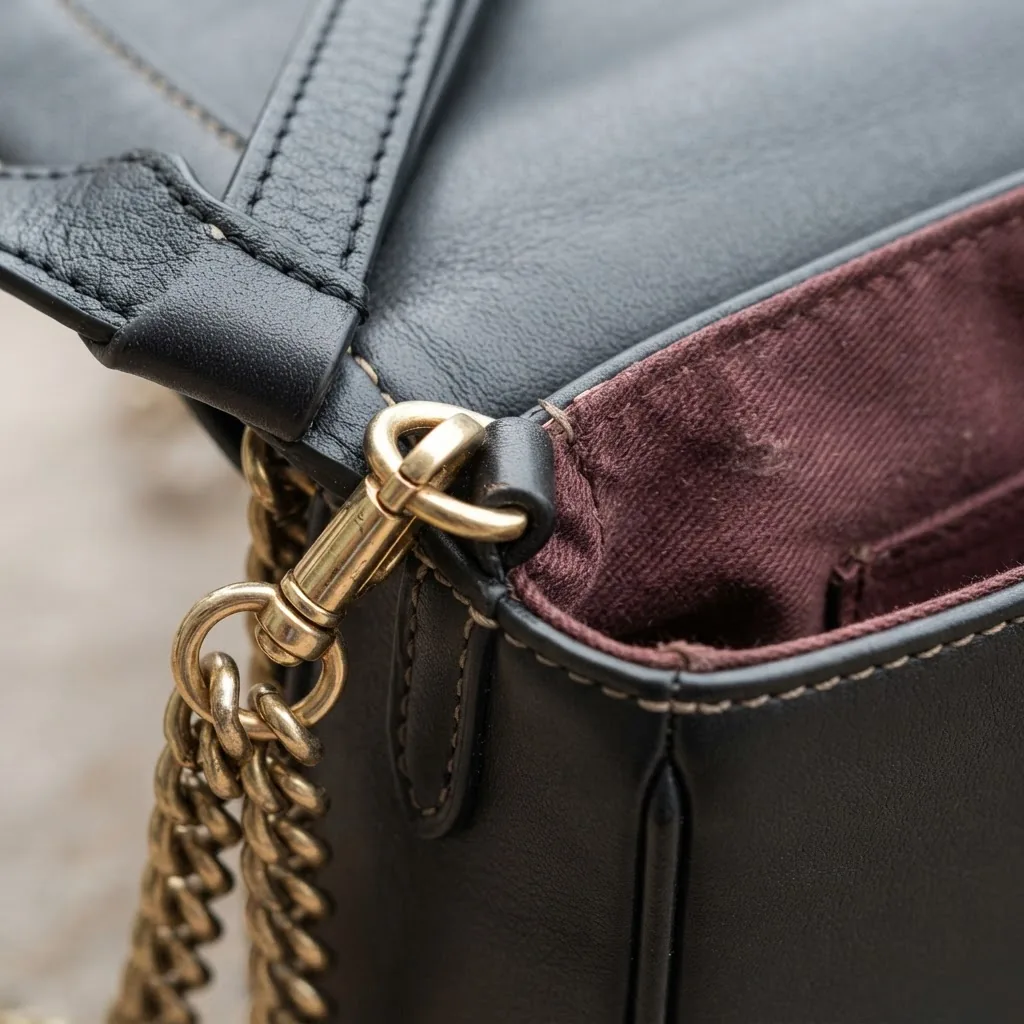 replica crossbody bag materials including smooth leather, synthetic leather, metal hardware like clasps and chains, and inner lining