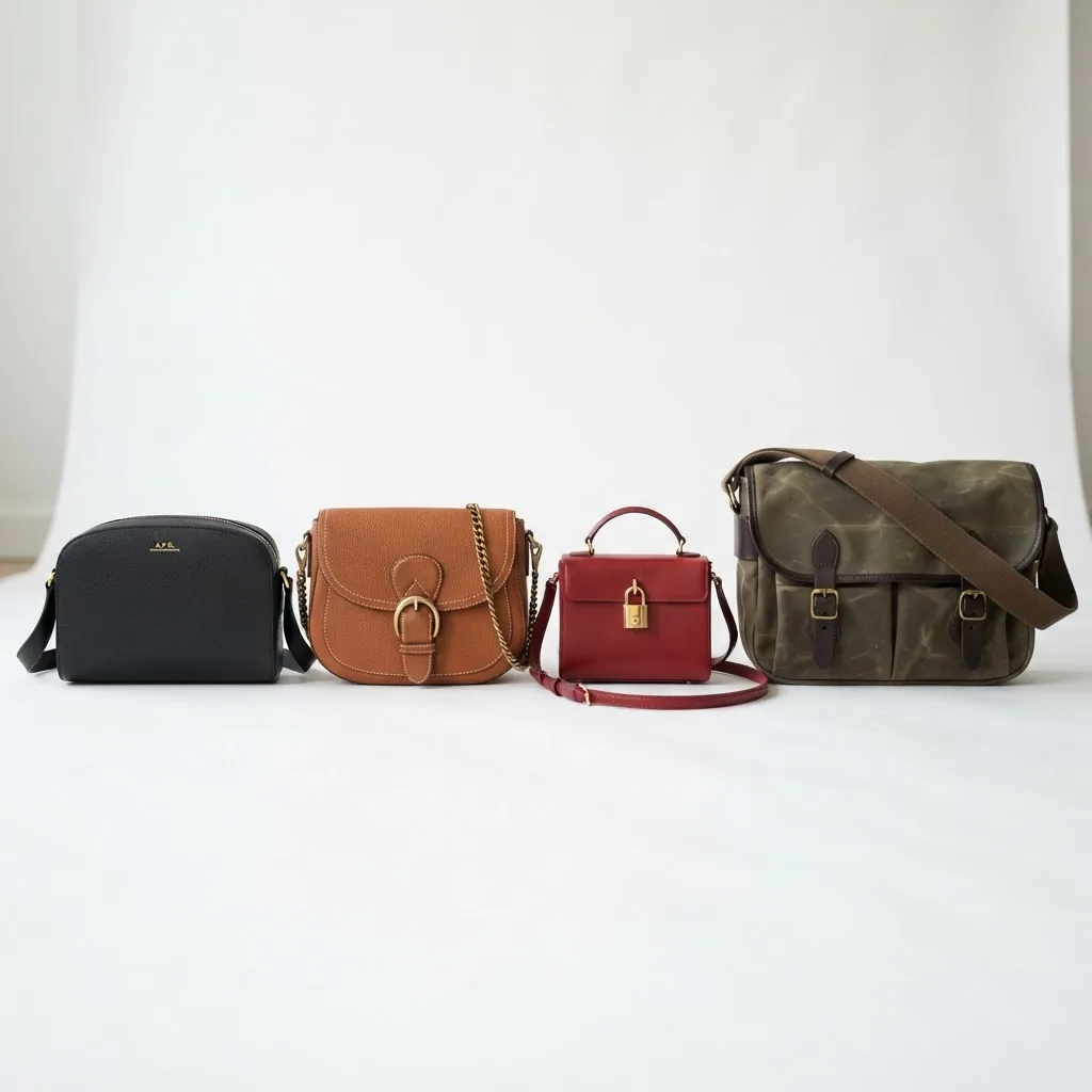 four distinct crossbody bag styles arranged in a row on a white background: structured rectangular bag, flap style bag, small mini
