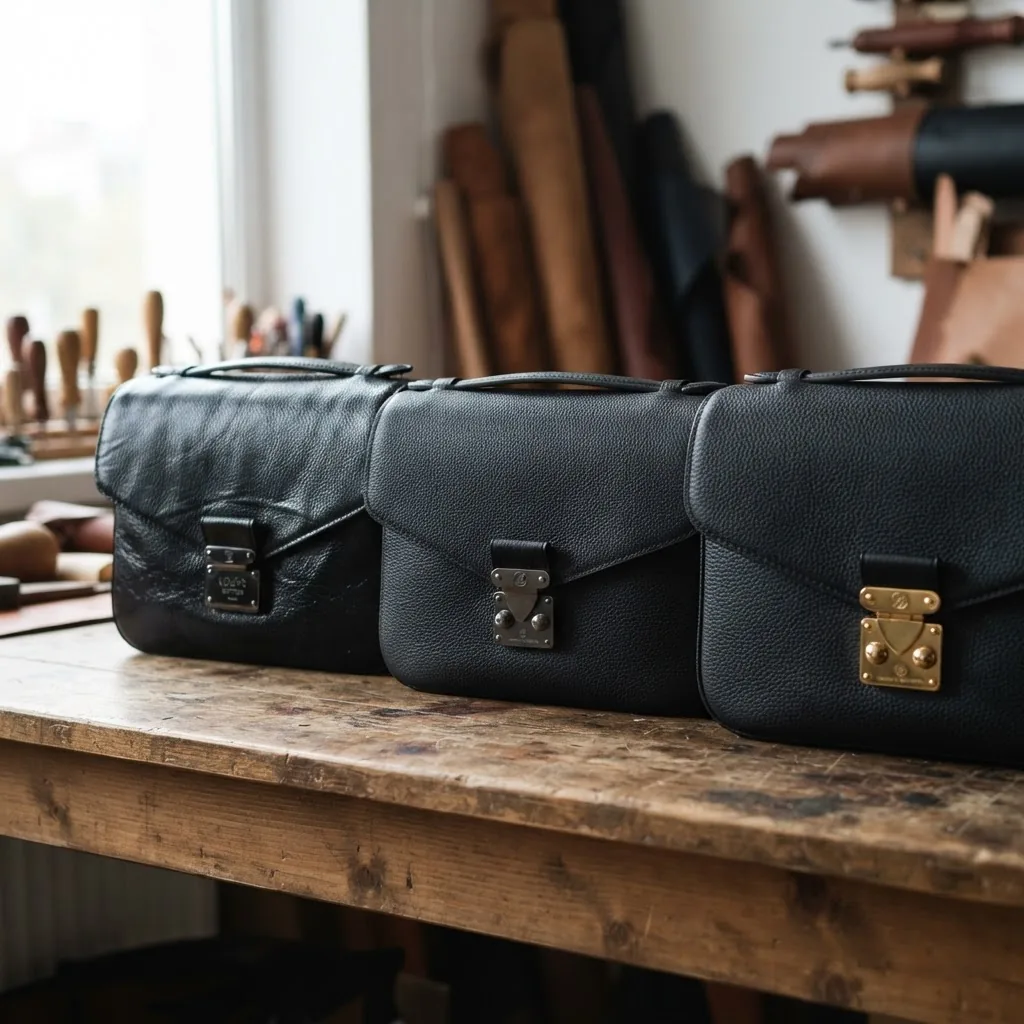 close-up of several replica handbags arranged side-by-side displaying different quality grades, natural daylight, sharp focus on texture